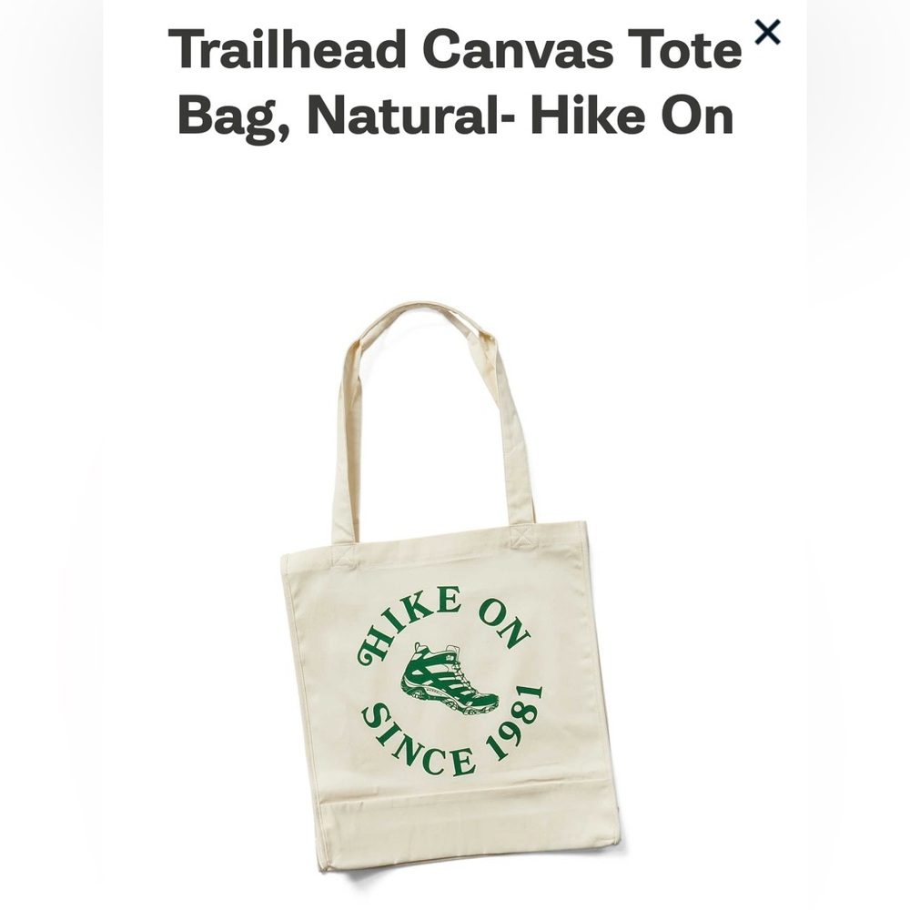 Merrell Trailhead Canvas Tote Bag. Hike on since 1981. Cream and green color.